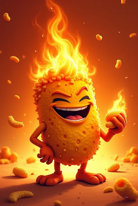 Draw cheetos logo with holding spicy ceetos in their hand and fire in his mouth 