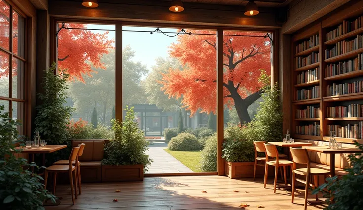 A small book café with large windows that open up to a lush garden filled with vibrant autumn trees. The interior is cozy with rustic wooden tables, shelves filled with books, and soft, ambient lighting. The garden outside is filled with red and golden lea...