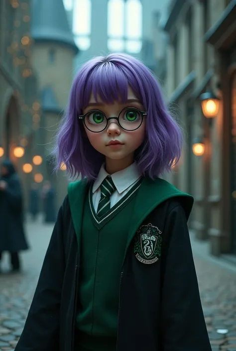 student at Hogwarts, , violet wine Medium-Length hair, lime eyes, young girl , realistic, 4k, magic, shes wearing a Hogwarts Slytherin uniform and glasses