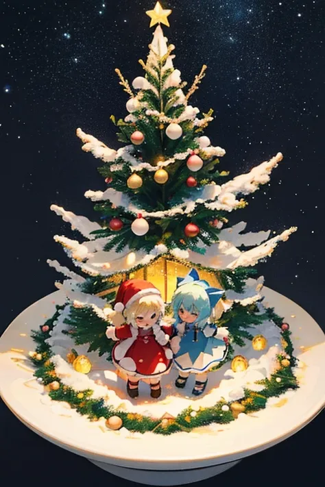 Cirno and friends are having a Christmas party　White Christmas　quiet night lake　Powdery snow falls　Christmas tree　Christmas Cake　illumination　Meteor Shower　大きなChristmas Cakeを食べるチルノ　Clothes are default　