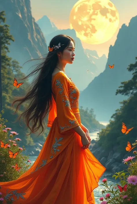 A young Thai woman with long hair, dressed in a rural Thai style, wearing an orange Thai dress with local patterns and thin clothing, standing in the Himalayas, with a golden moon and colorful butterflies flying around the forest. There are mountains, wate...