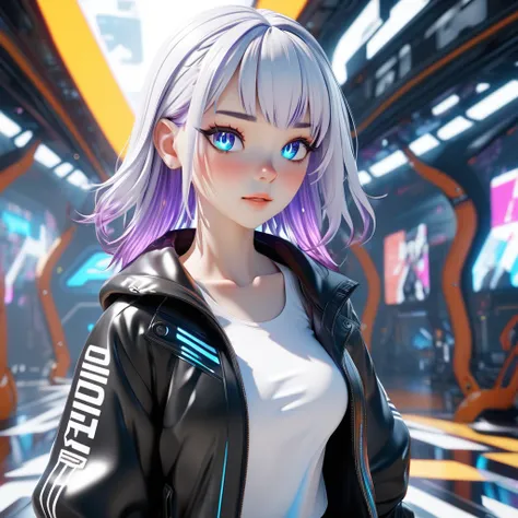 adult female character standing , with purple and white hair. This character wears a black jacket and a white tank top with an anime and futuristic design.. With a futuristic background, anatomically correct, best quality, HD, Blue eyes, mullet, c4d, 8K Oc...