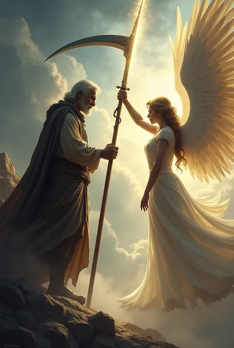 A man holding a scythe stands before an angel holding a holy sword
