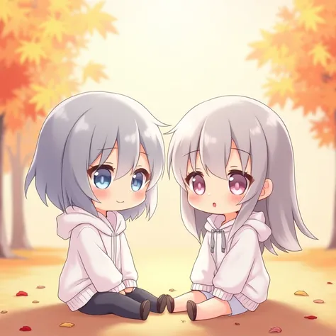 Chibi Character,High image quality,Facing forward,girl,2 people,Paired drawings,White hoodie,Left short hair,Gray Hair,blue eyes,(((Right Long Hair,Gray Hair,Pale pink eyes))),White hoodie,cute,Fluffy atmosphere,I&#39;m sitting flat on the floor,Blushing, ...