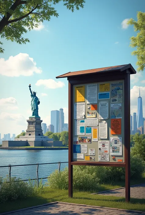 Make a picture of a notice board and in the background the statue of liberty and new york 