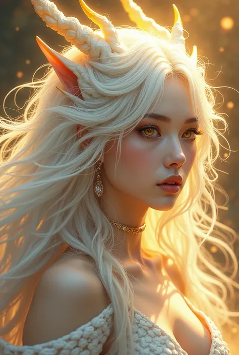 Make a Manhua art style image of a woman with long wavy white hair, yellow eyes, vertical pupils, está com o nú se transformando em um dragão branco de yellow eyes 