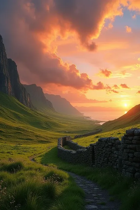 ((best quality)), ((masterpiece)), (detailed), Fantastic landscape、Ireland、sunset