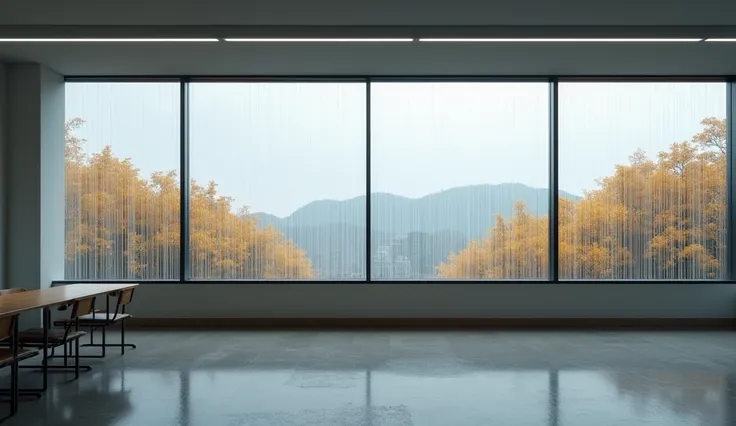 A minimalist classroom in the University of Tokyo with large windows overlooking a rainy autumn landscape. Drops of rain streak down the glass, distorting the view of the golden-leaved trees outside. Inside, the atmosphere is calm, with the sound of rain s...