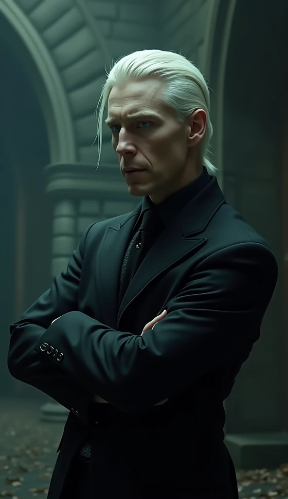 Draco Malfoy with his white hair slicked back is plotting something bad to Harry Potter（Bad face）