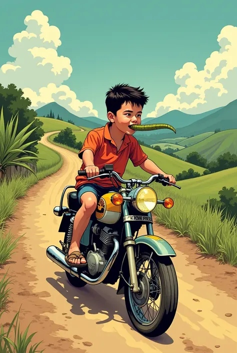 A young boy walking on a scrape motorcycle chewing sugercane old comic style: wide shot