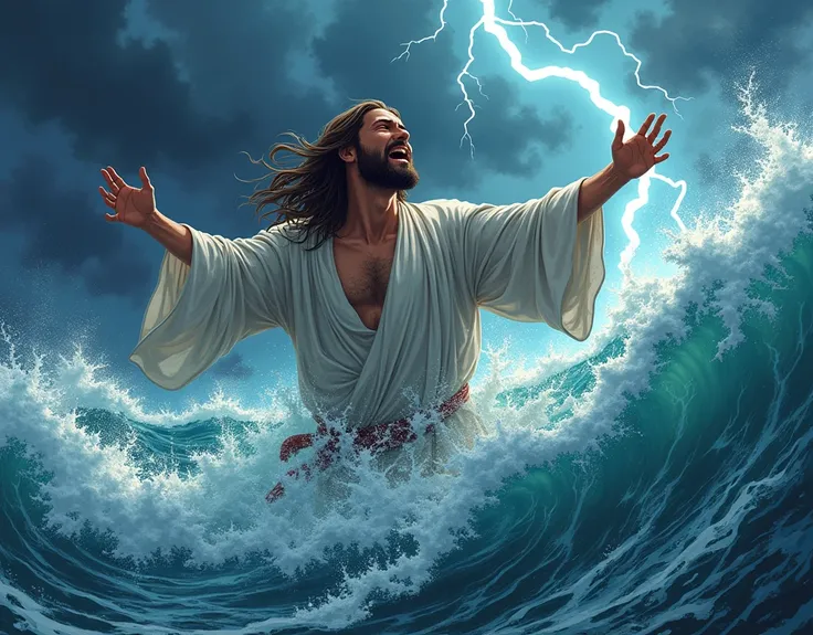 We need an image in which Jesus is drowning in the sea and screaming loudly to save his life. Anime type ai image 