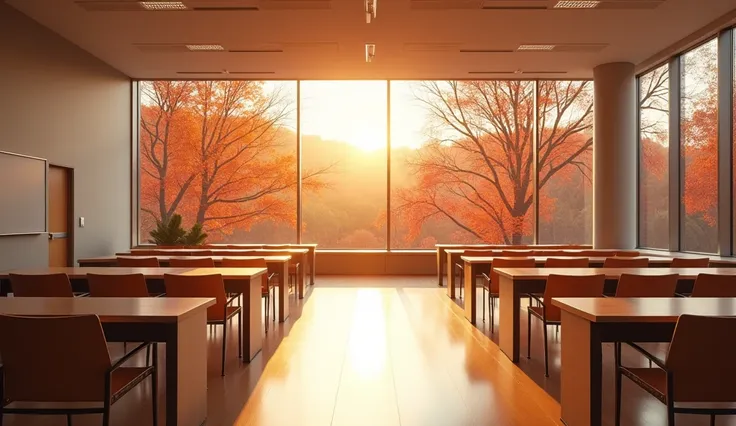 A modern classroom at Stanford University bathed in the golden light of sunset. Large windows overlook an autumn landscape, where the trees glow in vibrant shades of red and orange. The minimalist interior reflects the soft, warm light, creating a calm, re...