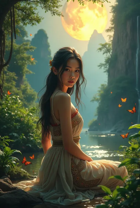 A young Thai woman with long hair, sharp face, looking at the camera, wearing an orange Thai rural dress with native patterns, wearing thin clothes, sitting in the Himmapan forest, golden moon, colorful butterflies flying, surrounded by mountains, waterfal...