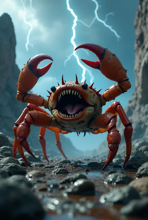 A highly realistic, 4K, HD image of crab,The setting is a rugged, rocky terrain under stormy skies with flashes of lightning in the background. The hybrid roars fiercely, showing sharp teeth, as it dominates the landscape, creating a sense of power and dan...