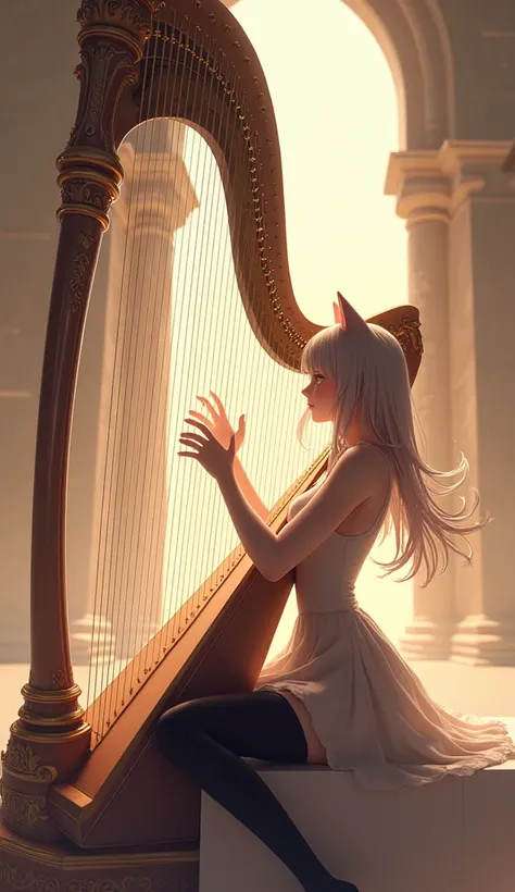 Please draw an animation of a cat girl playing a big gorgeous harp.。In the background is heaven with a palace and a god々There are。Please wear black pantyhose with a mini skirt dress。Please draw her tall, model-like with beautiful breasts.。Please sit down a...