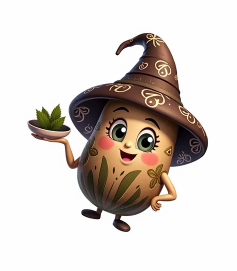 Create a character of a mint leaf with a cute and friendly face. The mint leaf is wearing a large classic wizard hat, colored in shades of green similar to fresh mint, adorned with intricate and beautiful plant-like patterns to enhance the magical and refr...