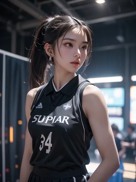 (((Basketball Player)))、Basketball Uniform、(About to take off the uniform:1.8)、ponytail、Young woman、(((One girl)))、20 years old、((Muscular))、cute、(Muscular body)、Beauty、((sweat))、((Background dressing room))、best quality,4K,8k,highres,masterpiece:1.2),ultr...