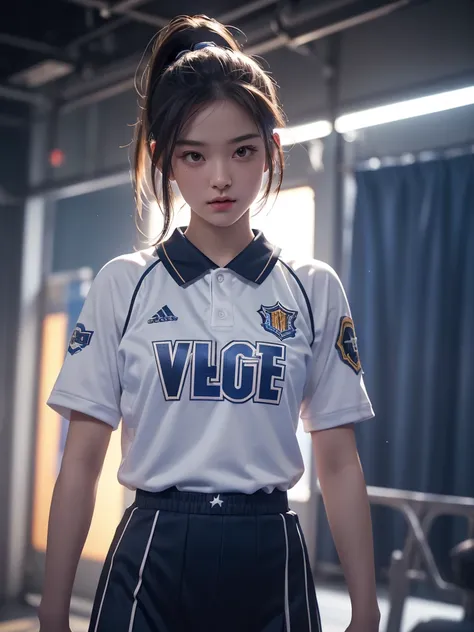 (((Basketball Player)))、Basketball Uniform、(About to take off the uniform:1.8)、ponytail、Young woman、(((One girl)))、20 years old、((Muscular))、cute、(Muscular body)、Beauty、((sweat))、((Background dressing room))、best quality,4K,8k,highres,masterpiece:1.2),ultr...