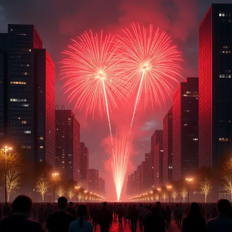 Red fireworks on a city scape