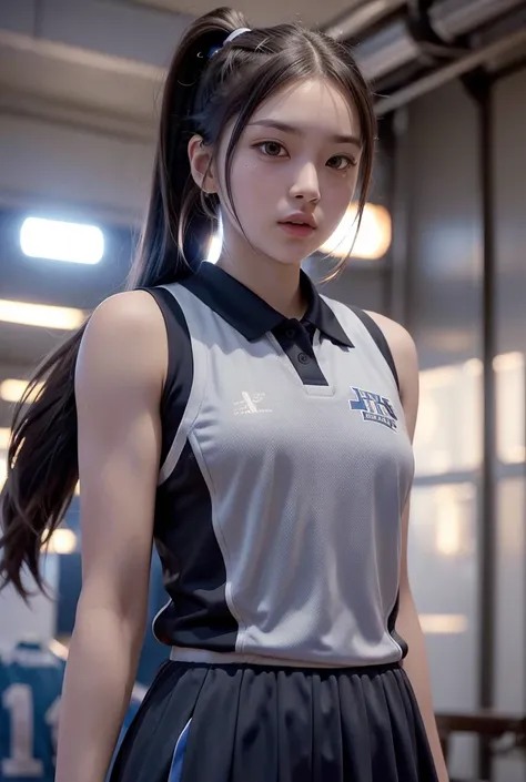 (((Basketball Player)))、Basketball Uniform、(About to take off the uniform:1.8)、ponytail、Young woman、(((One girl)))、20 years old、((Muscular))、cute、(Muscular body)、Beauty、((sweat))、((Background dressing room))、best quality,4K,8k,highres,masterpiece:1.2),ultr...