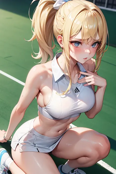 1 girl, elegant,  white skin, blonde hair, ponytail hairstyle, corpo sexy, tennis player, sweaty and tired, determined, whole body