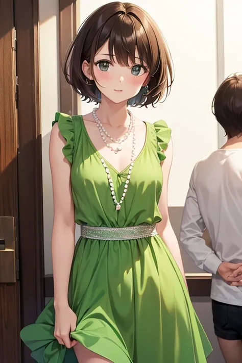 One girl, Small breasts, Brown hair short cut, Lime green dress,Pearl Necklace,Attending a party