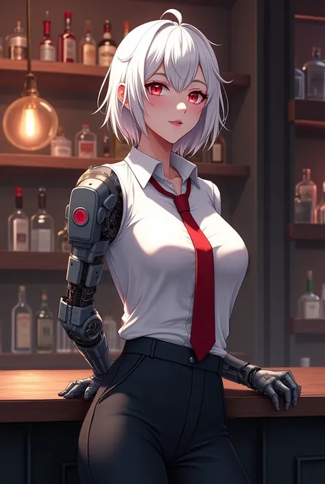 semirealistic anime style, manhwa, digital drawing, bar owner, white short and shaggy hair, subtle red eyes, mechanical right arm, wearing a white dress shirt with a red tie, she is leaning against a bar counter, noticeable brush strokes --v 6.1