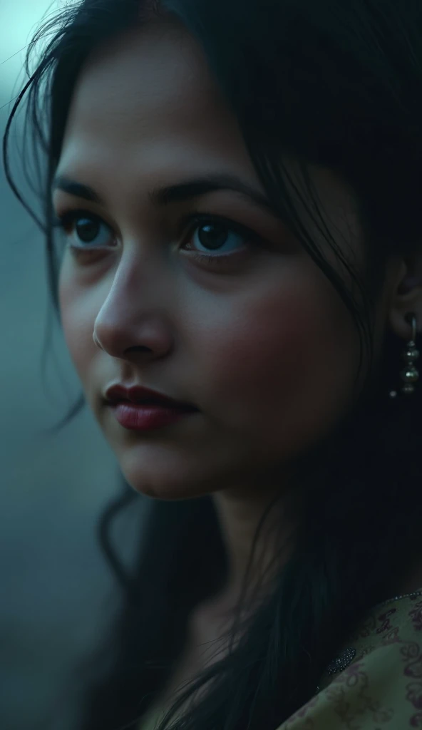 Deep blue or dark gray gradient to convey a somber mood.

Central Image: A realistic, close-up shot of a india female face with a subtle tear or a thoughtful expression, looking slightly down or away. The background should be blurred to keep the focus on t...