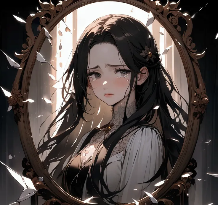 Passing by，The World in the Mirror，Sad expression，Tears，beautiful，Long hair，((broken lens))，broken