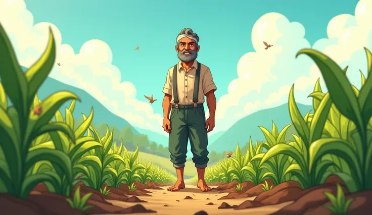 Ramū standing confidently in his field with new crops starting to sprout, symbolizing resilience and hope.***Cartoon style 