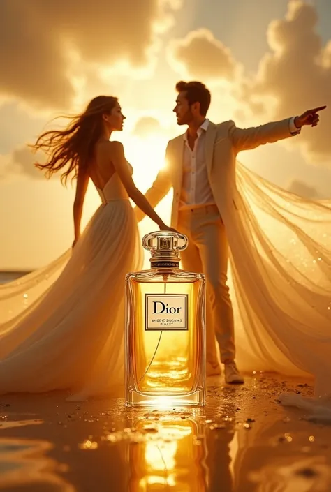 Je veux une affiche publicitaire, avec un slogan qui dis : "Dior, ou le rêve devient réalité ".
Ou on vois une femme  et un homme en or qui tienne la bouteille de parfum Dior en regardant devant eux en pointant du doigt et le slogan sera devant leur doigt
...