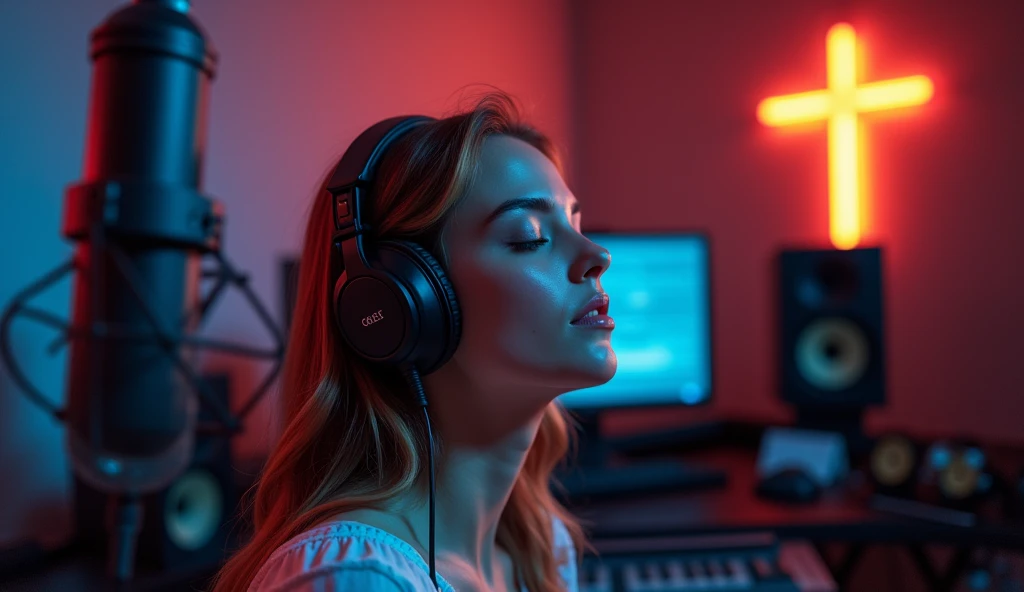 (photorealism:1.2), woman with closed eyes, wearing headphones and a microphone suspended above, inside a music studio with a cross on the wall, cinematic lighting, highly detailed, serene atmosphere, 4k resolution, vibrant colors, emotional expression.