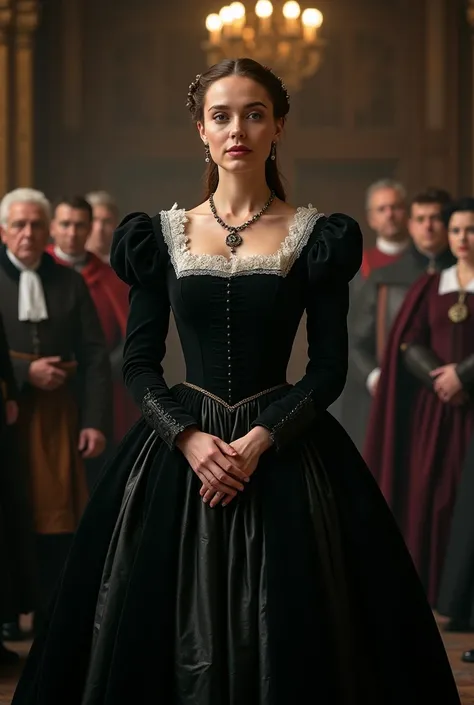 "Mary, Queen of Scots, standing before a grand hall during her trial, wearing a regal black gown with a white lace collar, her face showing calm determination despite the accusations against her, surrounded by noblemen and judges, the tension palpable --ar...