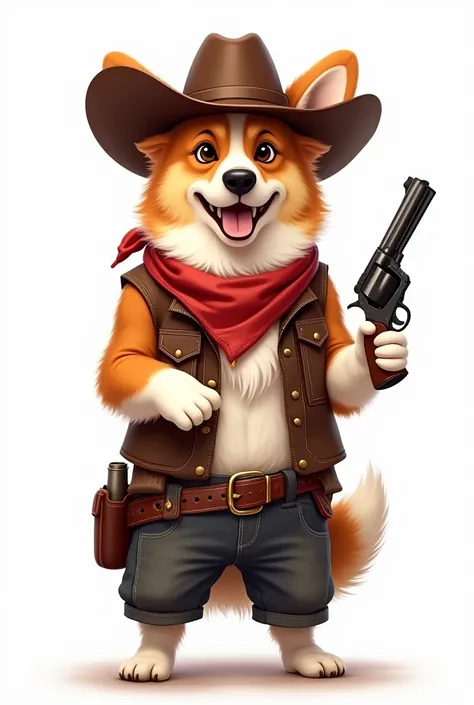 Illustration : Corgi dog cowboy, stand with two leg. hold gun, white background