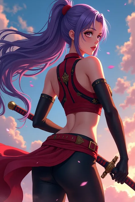 Anime female swordsman with long purple hair, red and black short clothes and no belly exposed