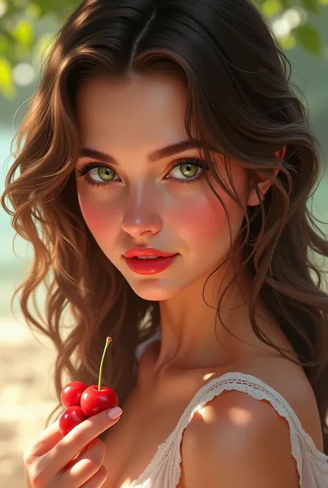 A lightly tanned brunette woman from summer with green eyes who loves cherries