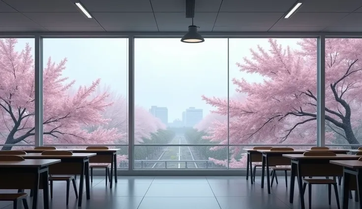 A modern classroom at the University of Tokyo, with floor-to-ceiling windows showing a spring rain lightly falling on cherry blossom trees. The windows are dotted with raindrops, and outside, the delicate pink petals of the cherry blossoms contrast with th...