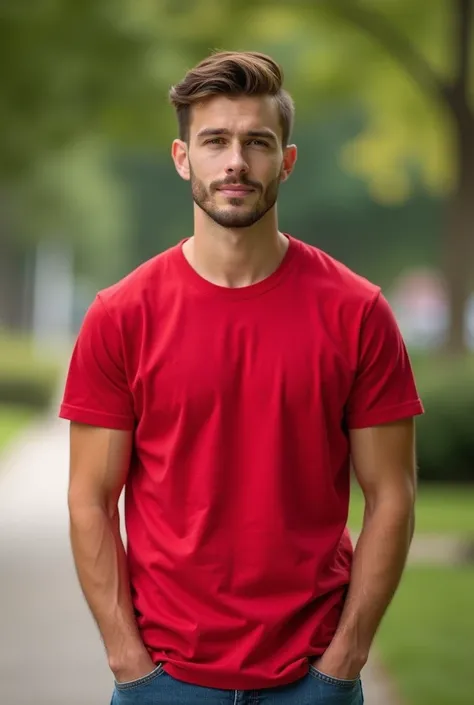 A man in his mid-20s, wearing a plain red
T-shirt, with short brown hair and a light beard. He has an athletic build and stands casually outdoors, in natural lighting, with a blurred park background. The T-shirt fits well, giving him a relaxed and stylish ...