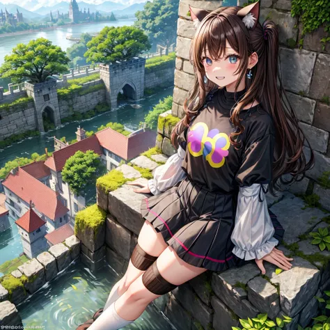 Rainbow brown hair、Rainbow Eyes、Wavy Hair、Hair tied up、Two cute、Checked mini skirt、Black T-shirt、Cat ear hood、Black knee-high socks、Teeth are visible、Monster Castle、Tilting face、lawn、In front of the city gates、Underground tunnels、The stone is cracked、Uneve...