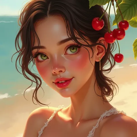 A lightly tanned brunette woman from summer with green eyes who loves cherries