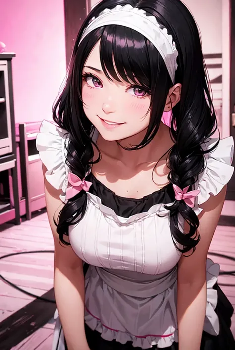 Black Hair,Maid Head Accessories, One girl, Shortcuts,smile,Hot room,Sweaty,Pink lighting,basement