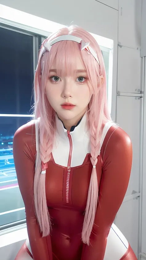 (Overhead view),dynamic angle,ultra-detailed, illustration, close-up, straight on, 1girl, ((Zero two, interface headband with a pair of hornst, red bodysuit:1.4, pink hair)),Her eyes shone like dreamy stars,(glowing eyes:1.233),(beautiful and detailed eyes...