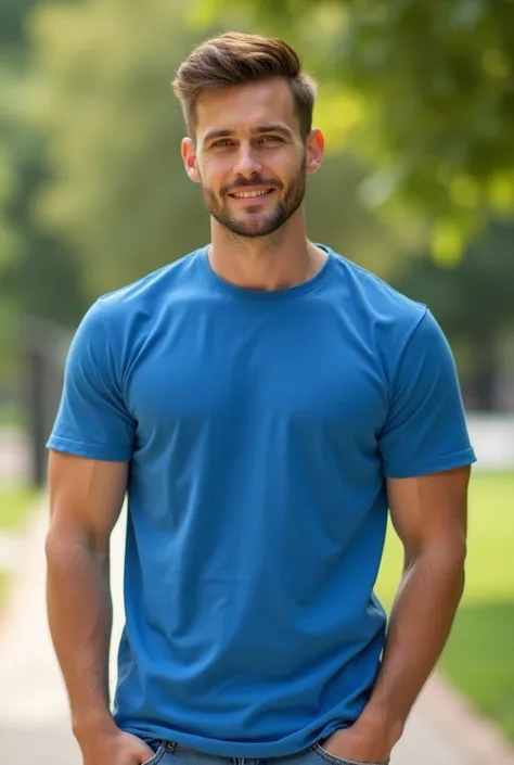 A man in his mid-20s, wearing a plain blue
T-shirt, with short brown hair and a light beard. He has an athletic build and stands casually outdoors, in natural lighting, with a blurred park background. The T-shirt fits well, giving him a relaxed and stylish...