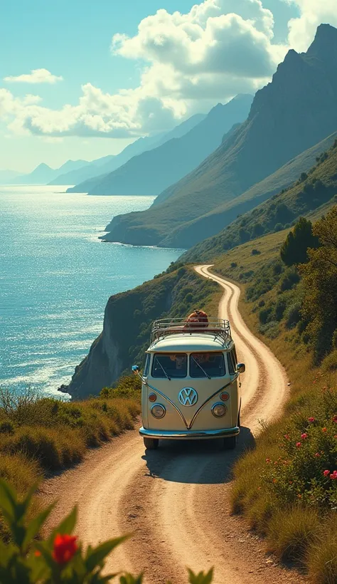 Kombi car driving south on a dirt road on a sunny day, in the scene on the left side a grand sea and on the right side mountains full of life .