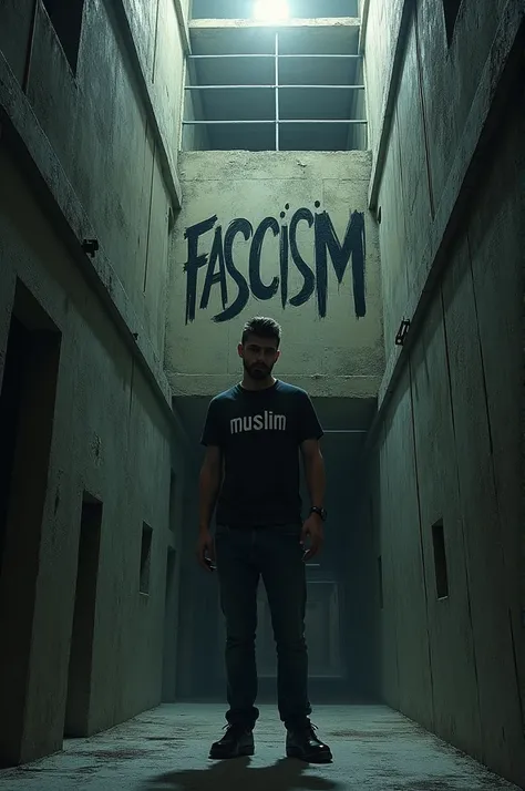 A jail that written "fascism" in outside, and a man standing in this jail, the word "muslim" written in his shirt