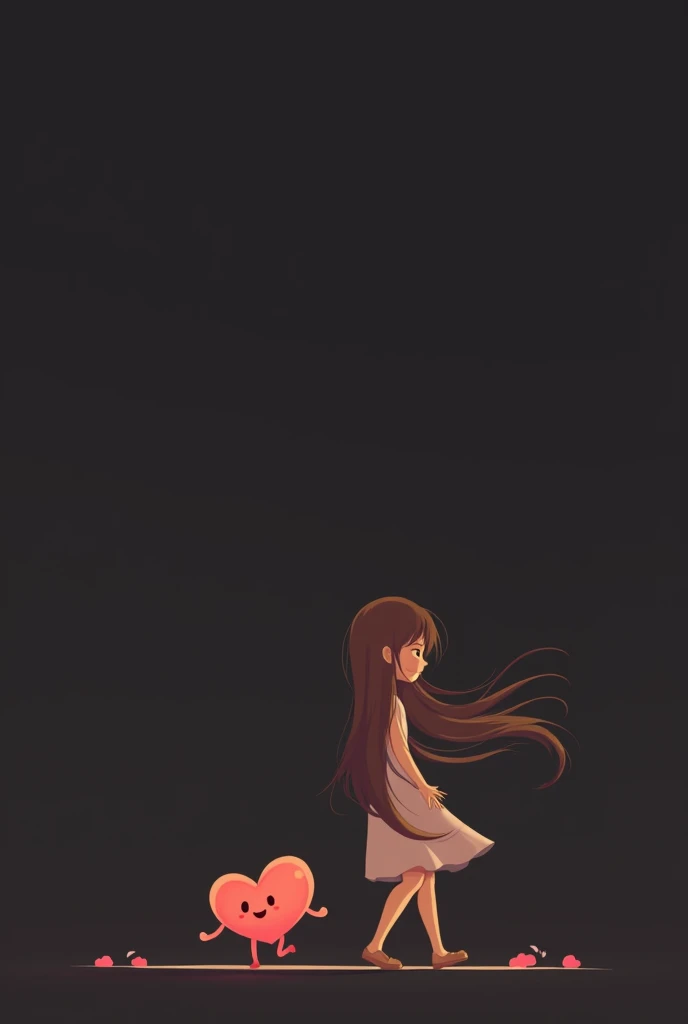 A long-haired woman walks with her back to a black heart-shaped cartoon character.