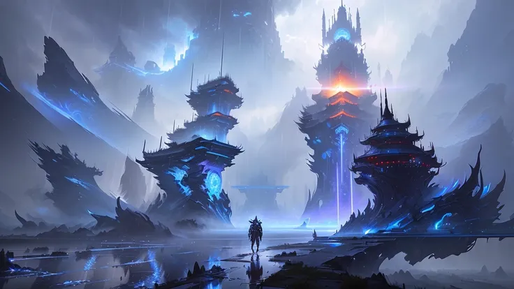 there is a man standing in the rain in front of a giant structure, feng zhu concept art, by Yang J, dota! matte painting concept art, dramatic concept art, concept art | feng zhu, dota matte painting concept art, 2. 5 d cgi anime fantasy artwork, fantasyco...