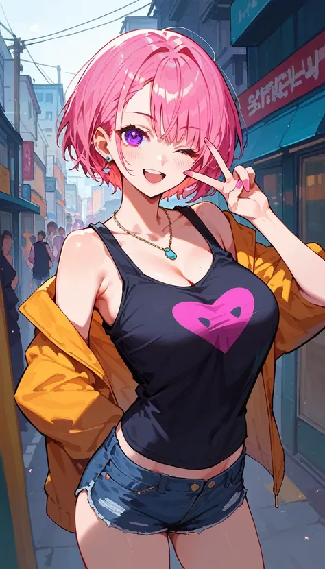 one anime girl, pink very short hair, purple eyes, large breast, in a black tank-top and black denim shorts, winks, standing, V sign, on the street