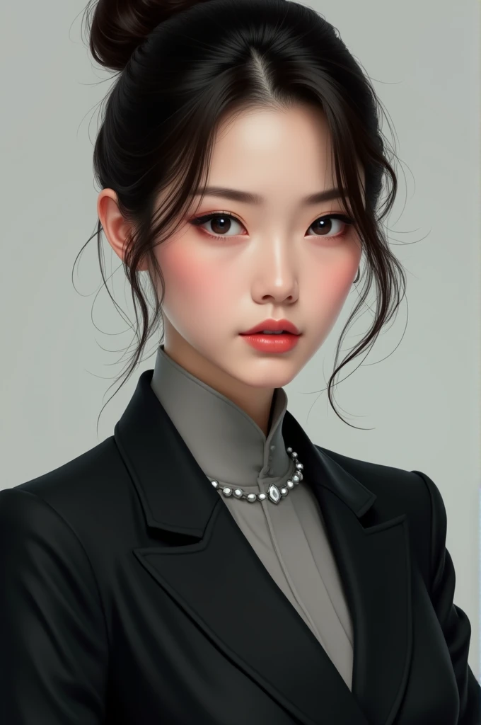 Chinese woman in black suit and dark brown hair with a slightly angry face