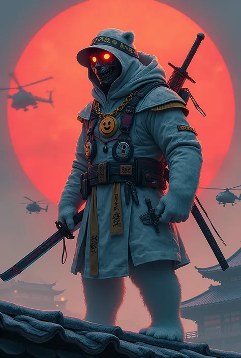 polar bear.
Ninja outfit.
illuminated eyes.
Emoji pendant hanging from the hilt of a katana sword.
Arctic camouflage on clothing.
Daggers and weapons on the body.
On top of a house with oriental architecture.
Helicopters in the background.
oni mask.
Brass ...